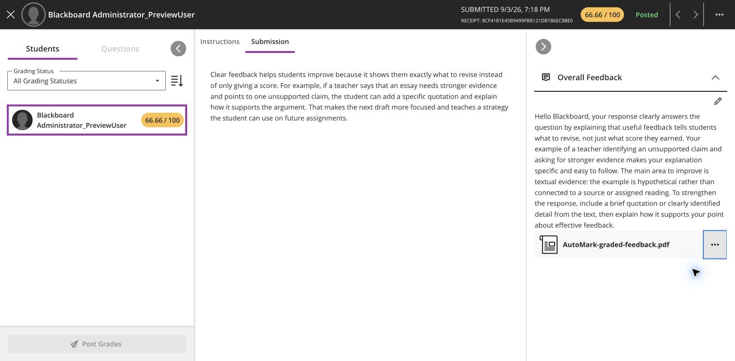 Verify the returned score, feedback, and PDF in Blackboard