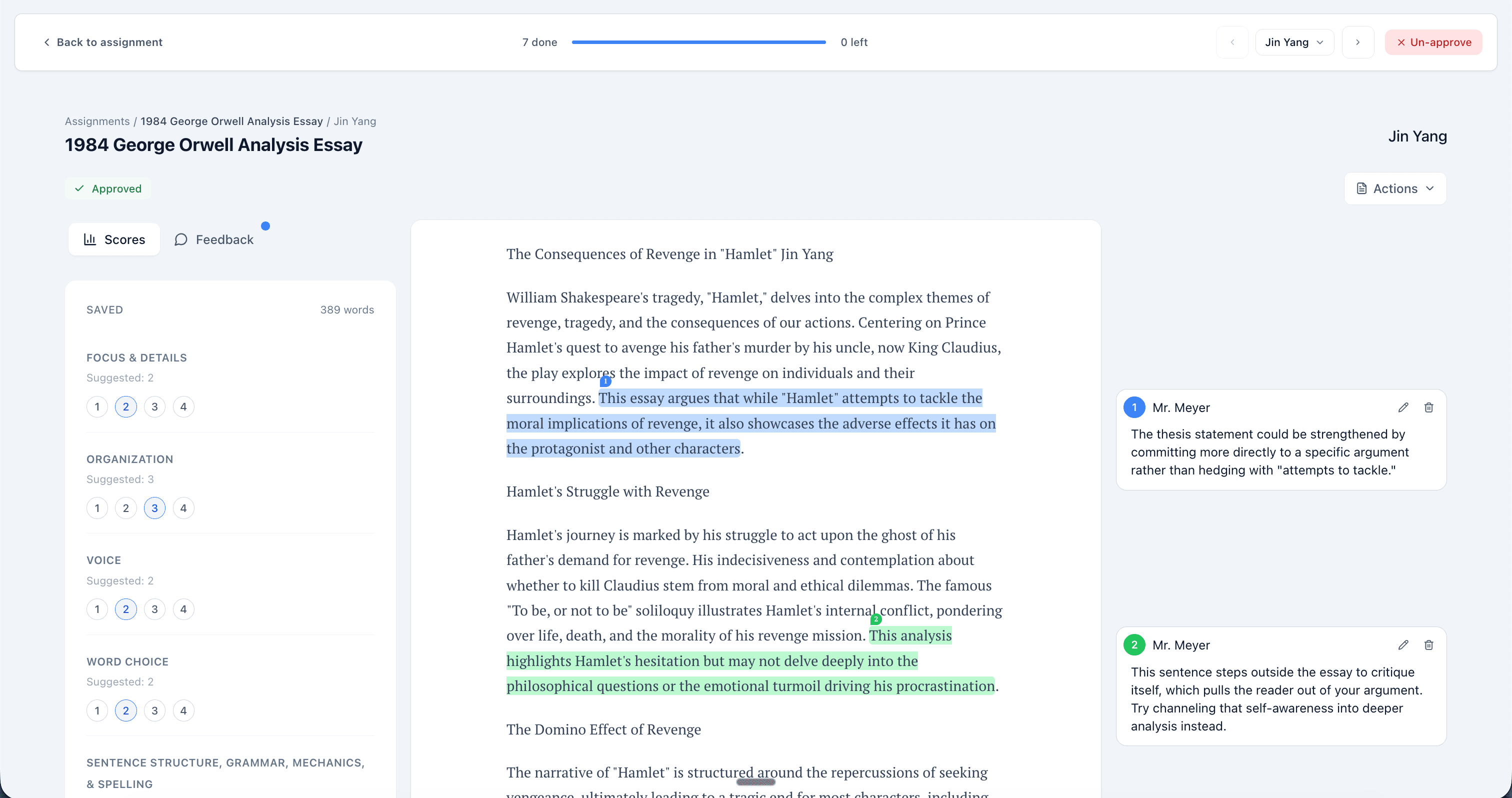 AutoMark review workflow with inline comments, score suggestions, and approval controls