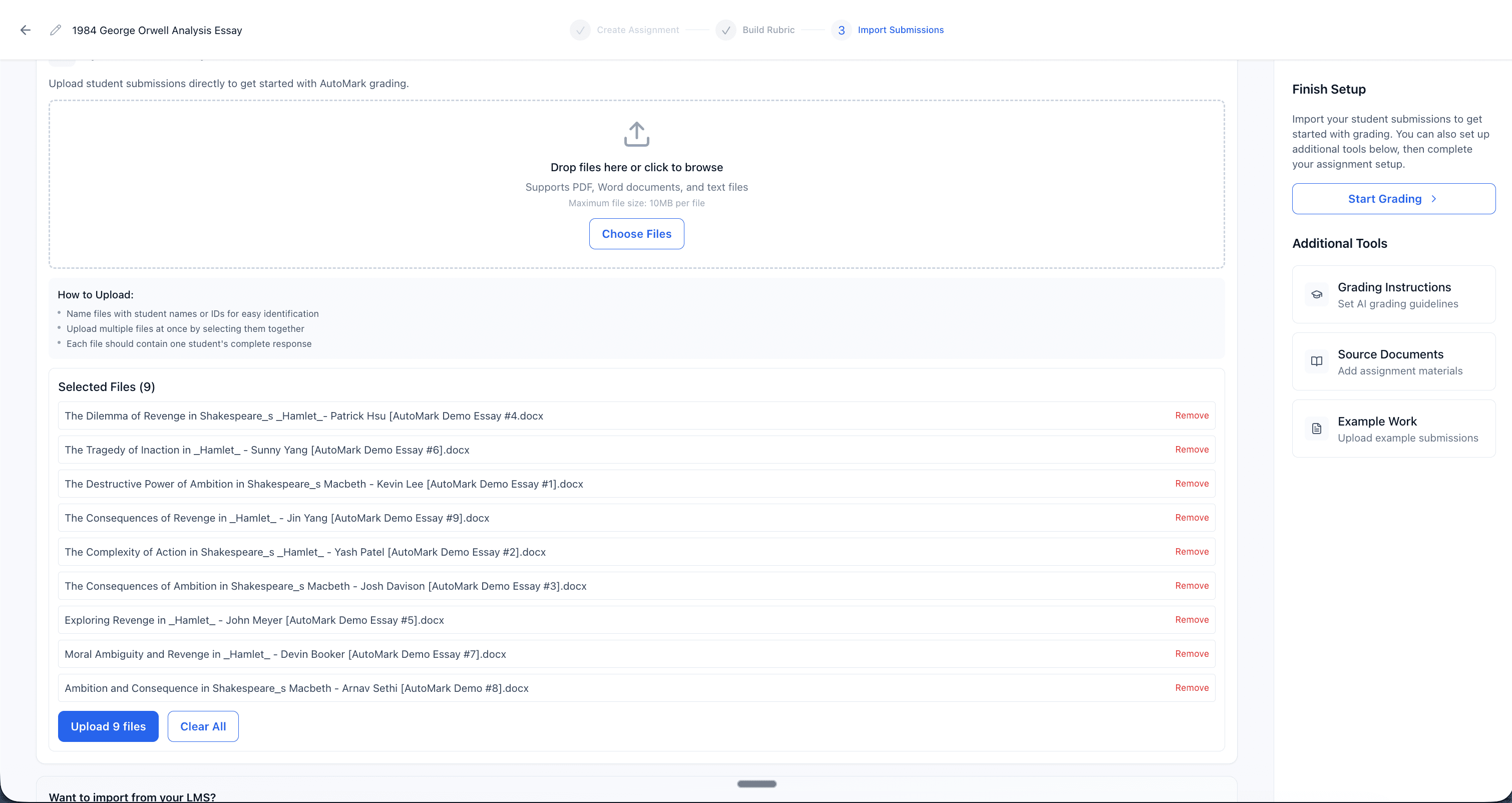 AutoMark import submissions workflow with setup actions and uploaded assignments