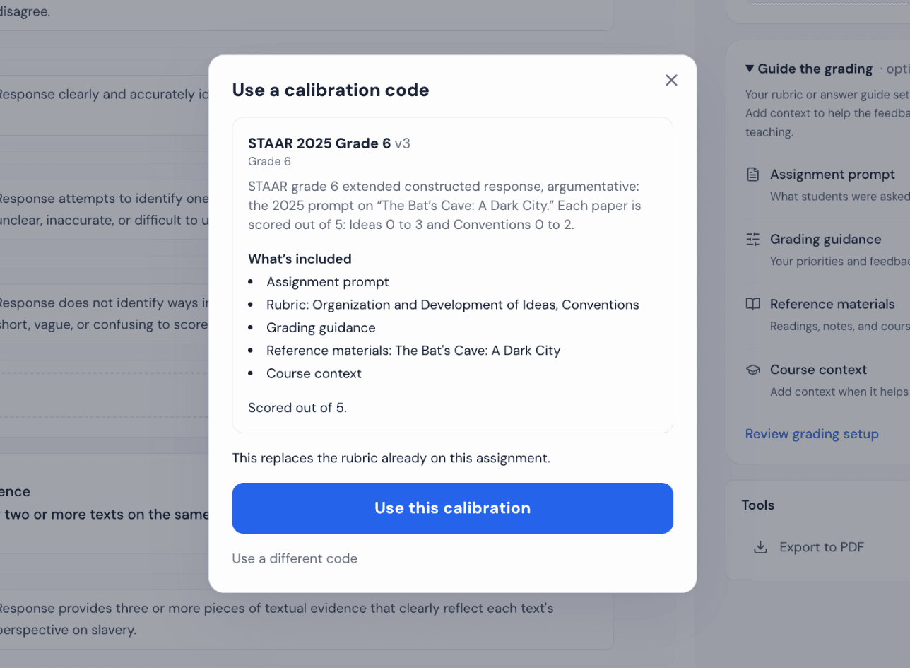 The "Use a calibration code" dialog showing the STAAR Grade 6 setup: the assignment prompt, the rubric with Ideas and Conventions, grading guidance, the reading selection, and a score out of 5