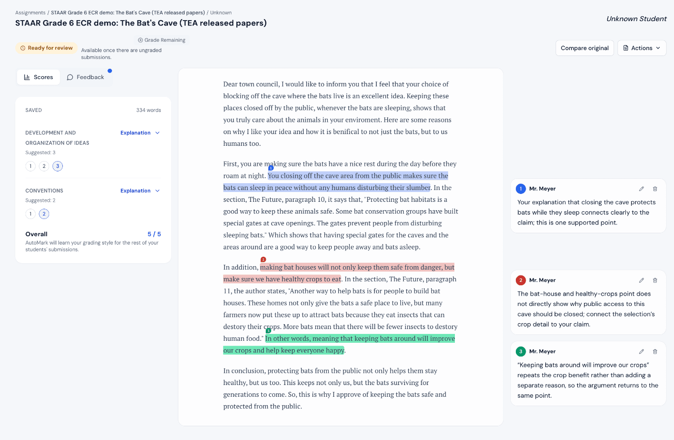 A graded state-released grade 6 paper: Development and Organization of Ideas scored 3, Conventions scored 2, with three inline comments on the essay