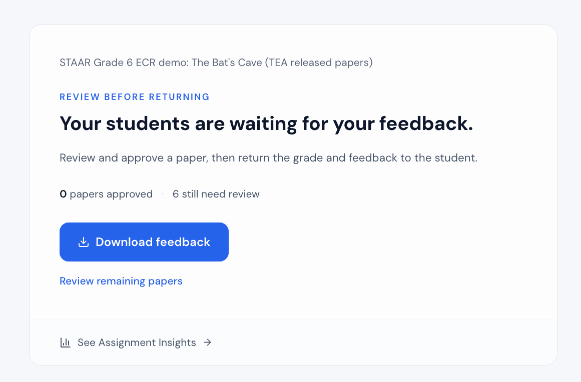 The review-before-returning step for a class of state-released papers: papers approved, papers still to review, and the button that returns the feedback